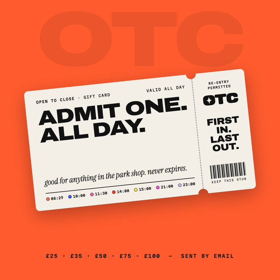 Open To Close gift card designed as a park ticket: Admit one. All day.