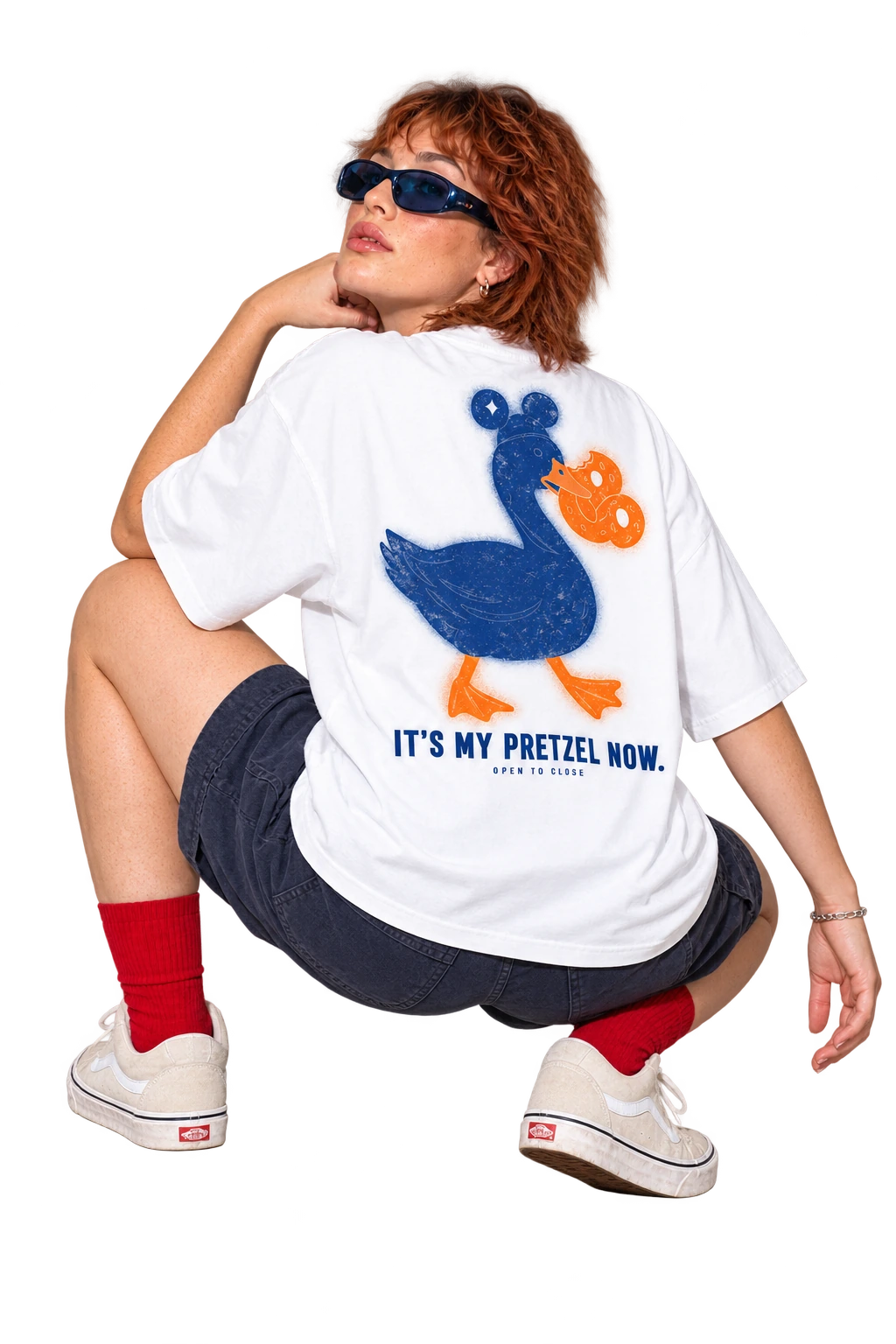 It’s My Pretzel Now Oversized Tee worn by a model, back view, studio