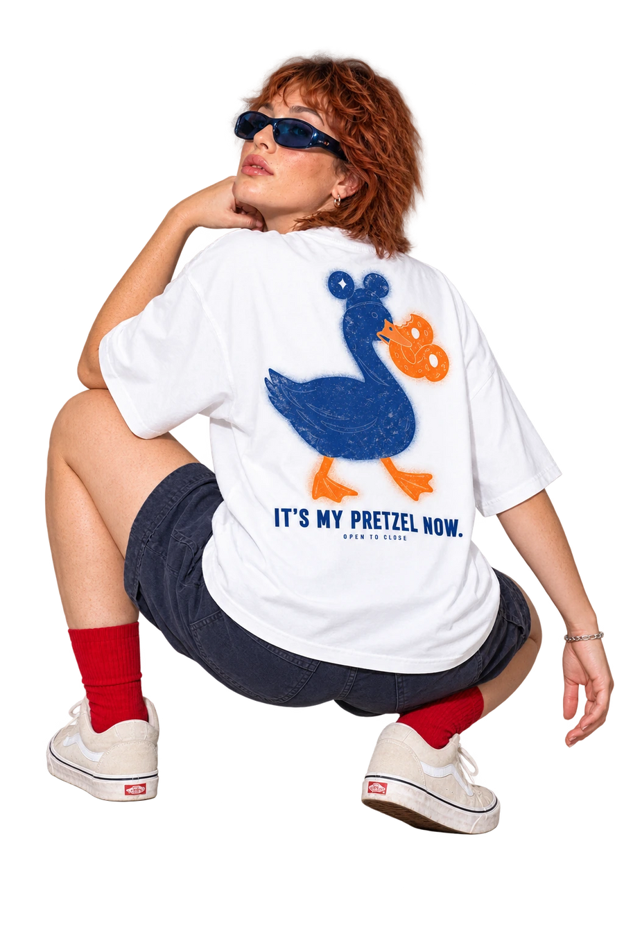 It’s My Pretzel Now Oversized Tee worn by a model, back view, studio