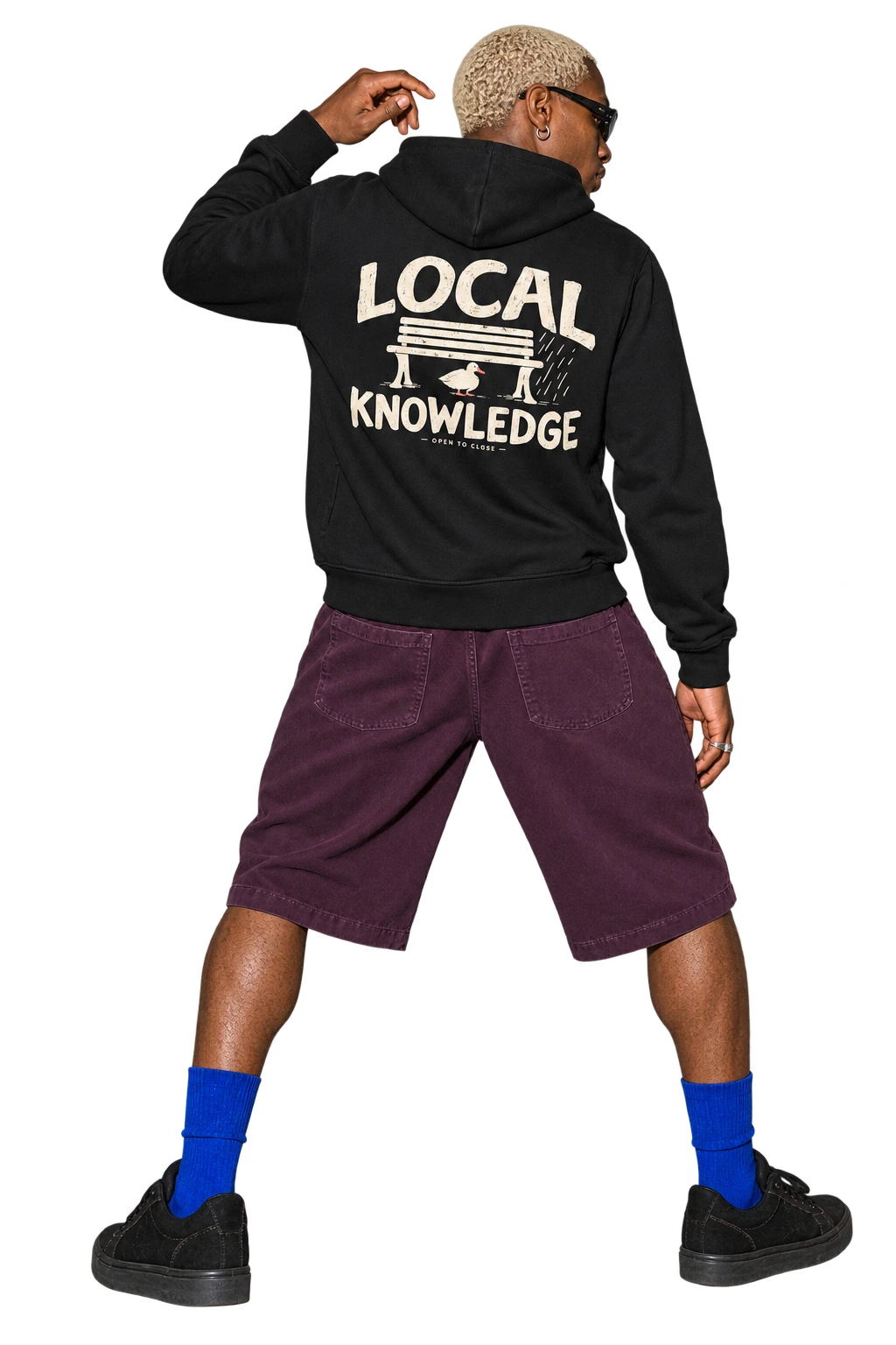 Local Knowledge Side Pocket Hoodie worn by a model, back view, studio