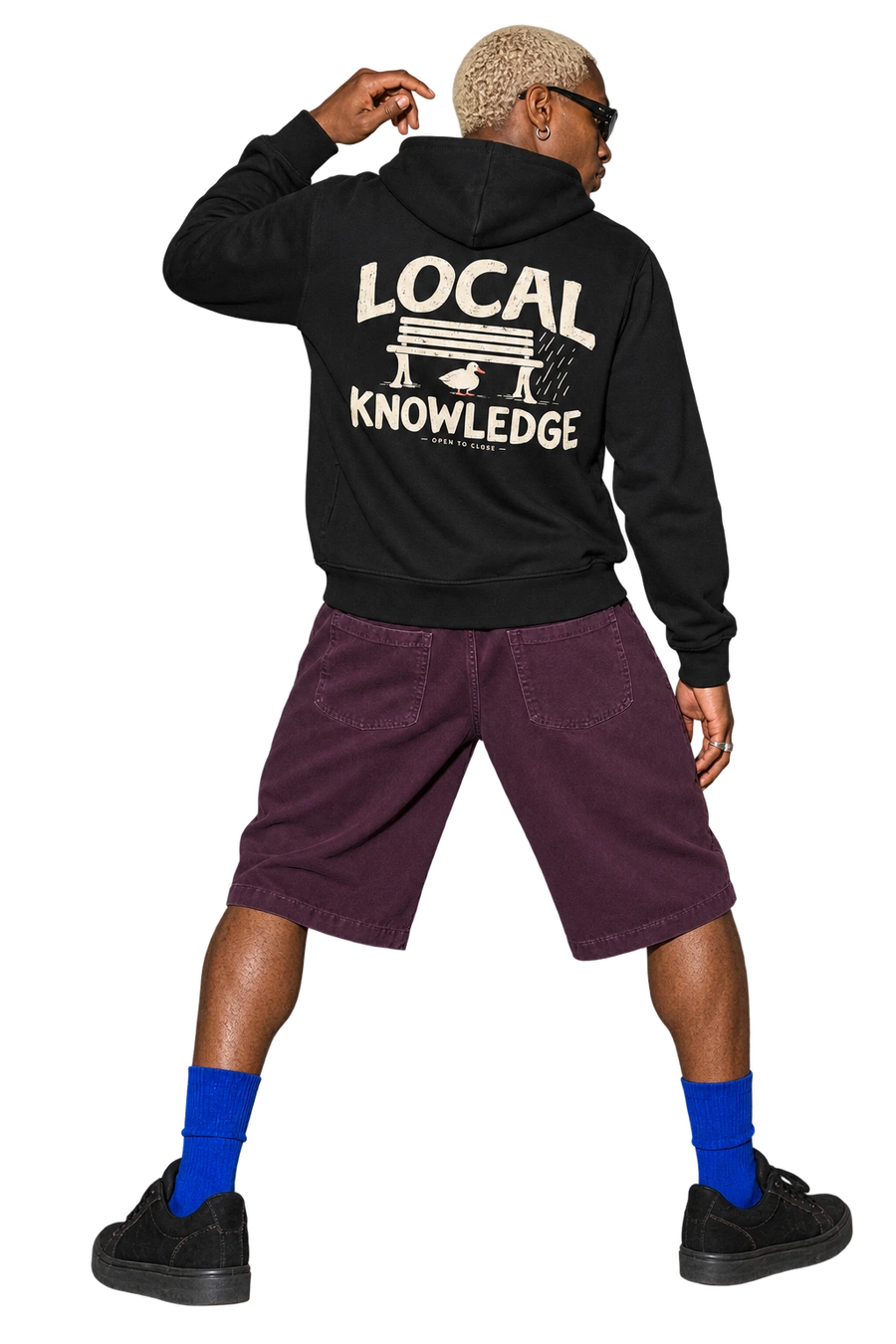 Local Knowledge Side Pocket Hoodie worn by a model, back view, studio