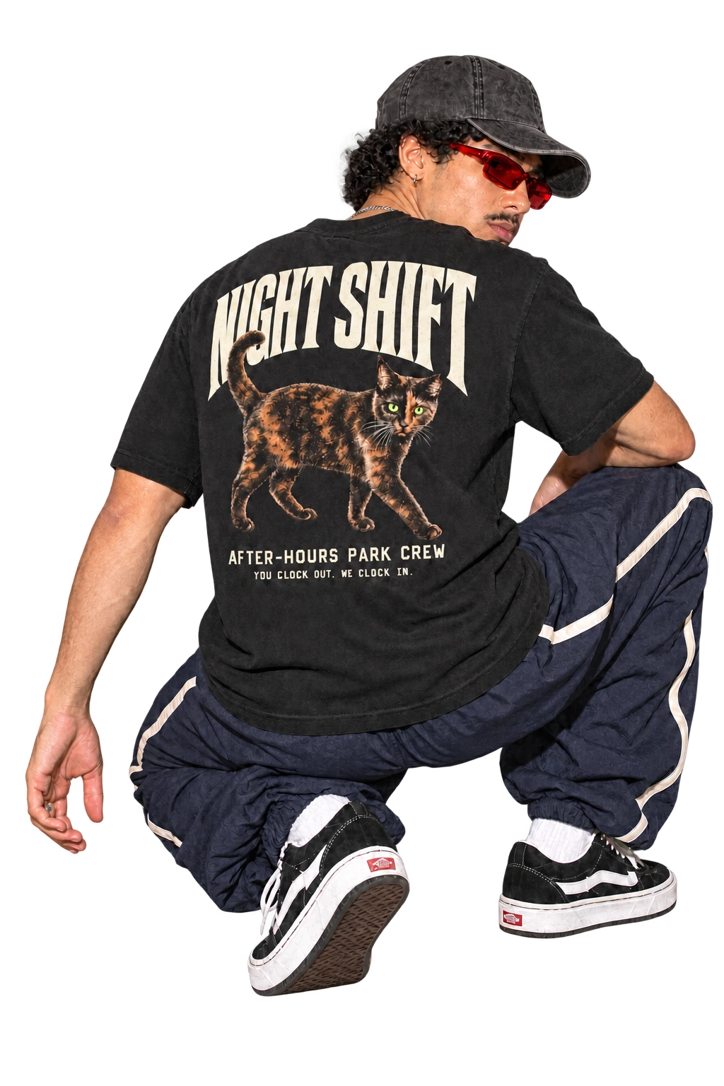 Night Shift Boxy Tee worn by a model, back view, studio