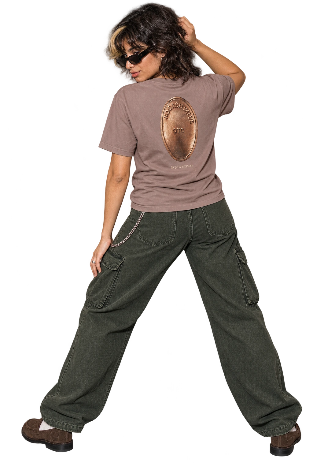 No Cash Value Tee in G. Dyed Kaffa Coffee worn by a model, back view, studio
