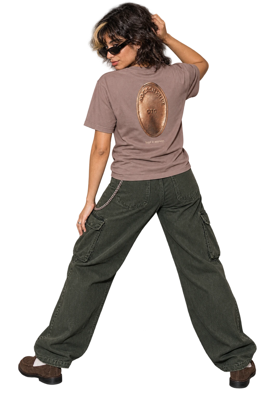 No Cash Value Tee in G. Dyed Kaffa Coffee worn by a model, back view, studio