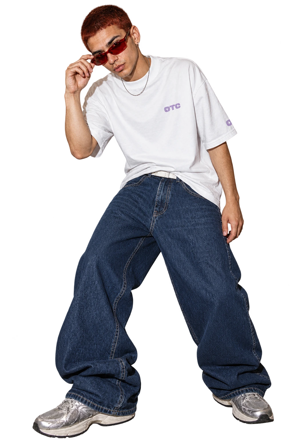Out Early. Back Late. tee worn by a model, front view, studio