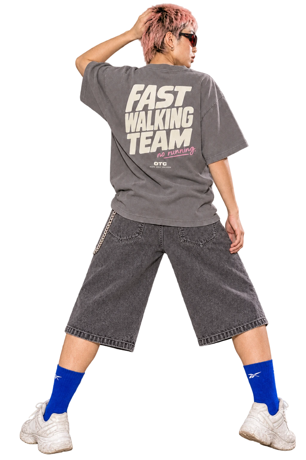 Fast Walking Team Oversized Tee worn by a model, back view, studio