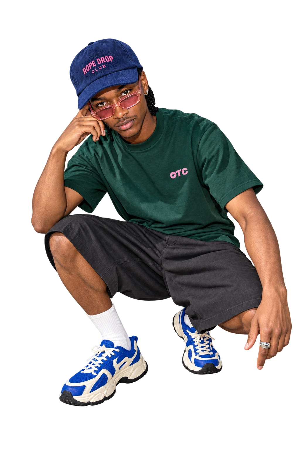 Rope Drop Club tee worn by a model, front view, studio