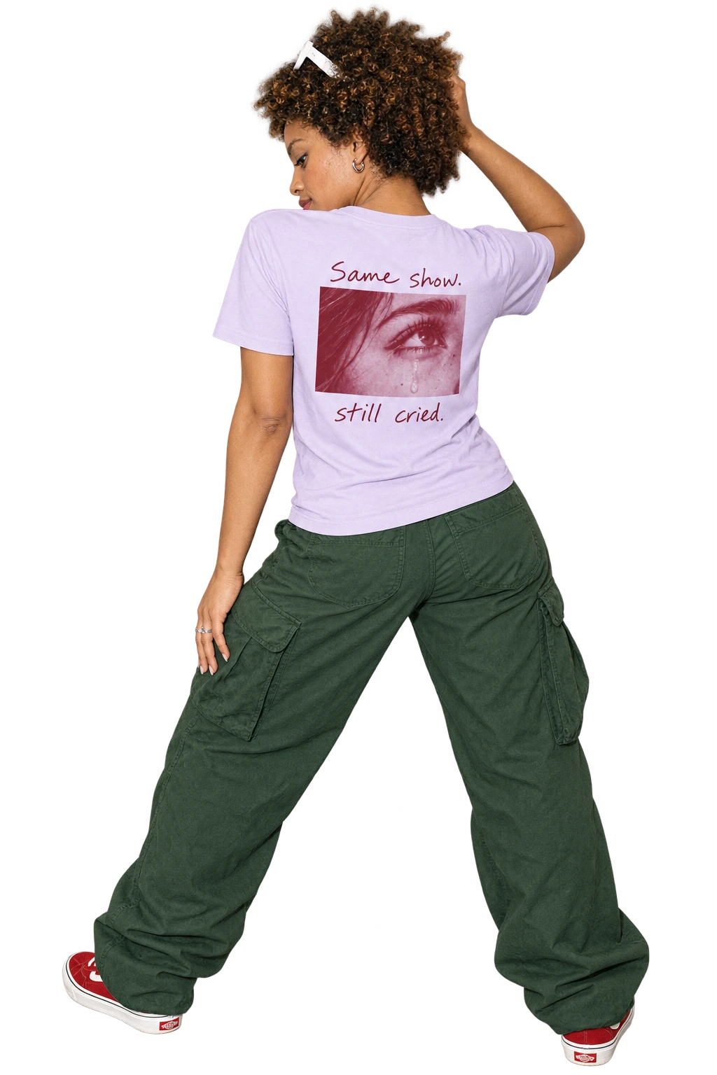 Same Show Tee in Lavender worn by a model, back view, studio