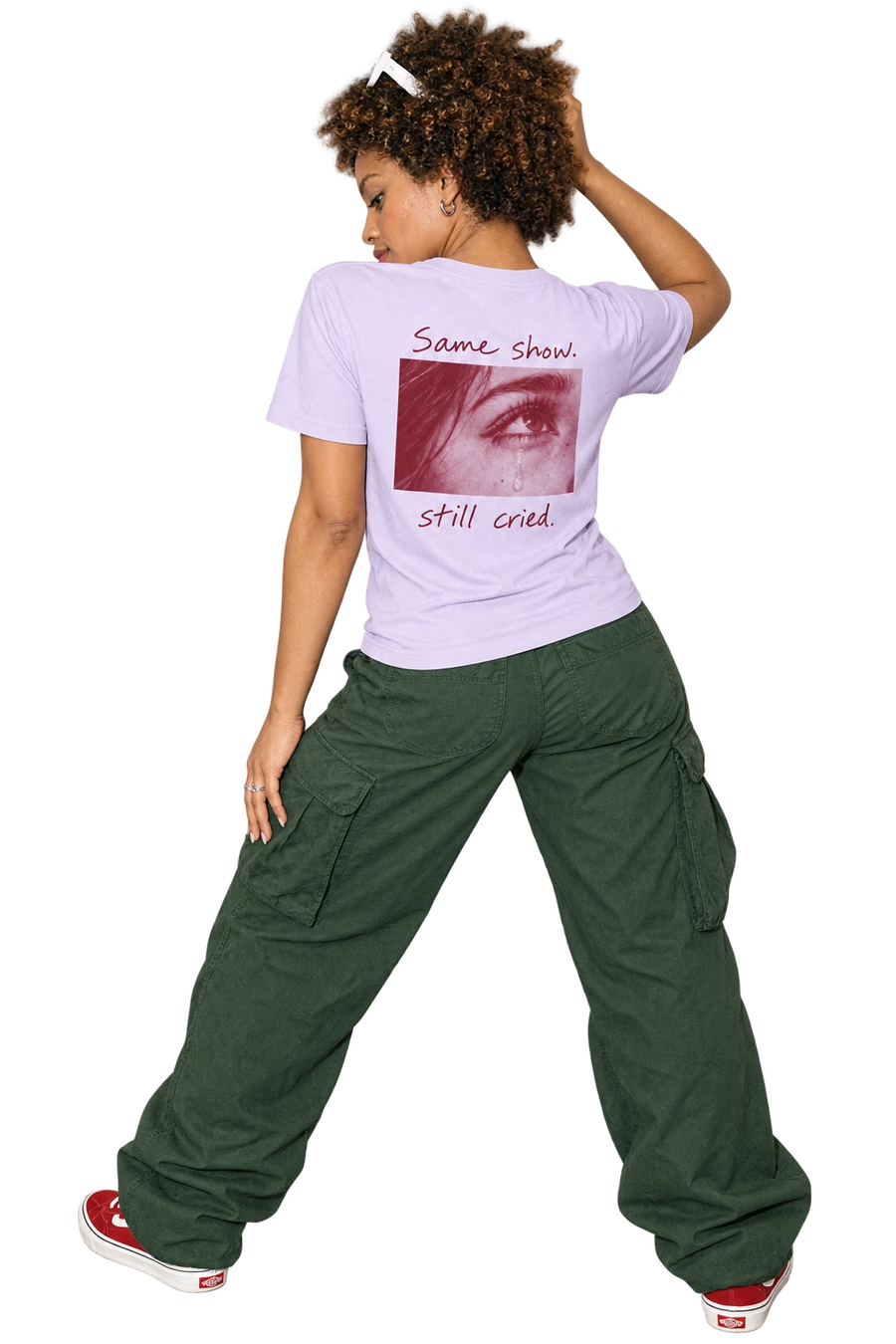 Same Show Tee in Lavender worn by a model, back view, studio