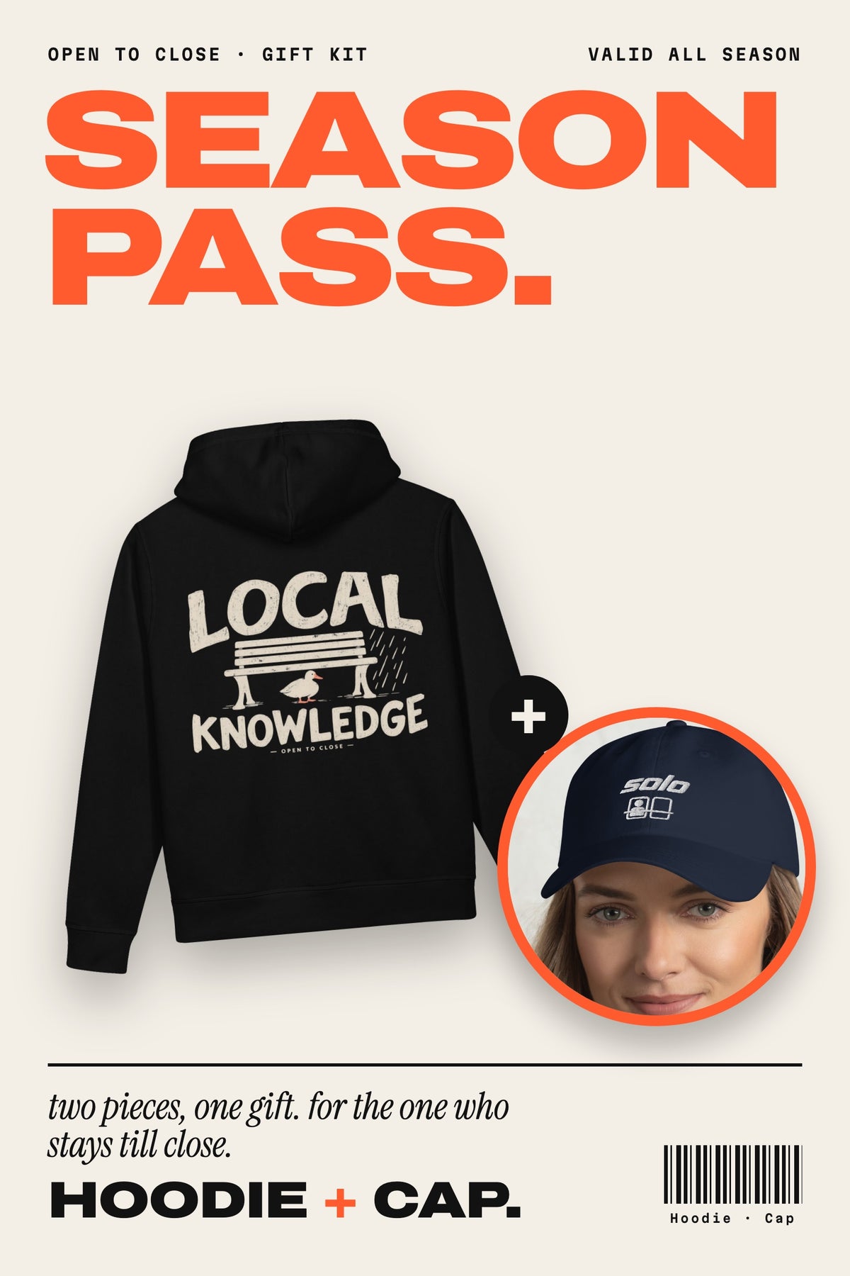Season Pass Gift Kit: the Local Knowledge Side Pocket Hoodie plus the Solo Cap, together as one gift