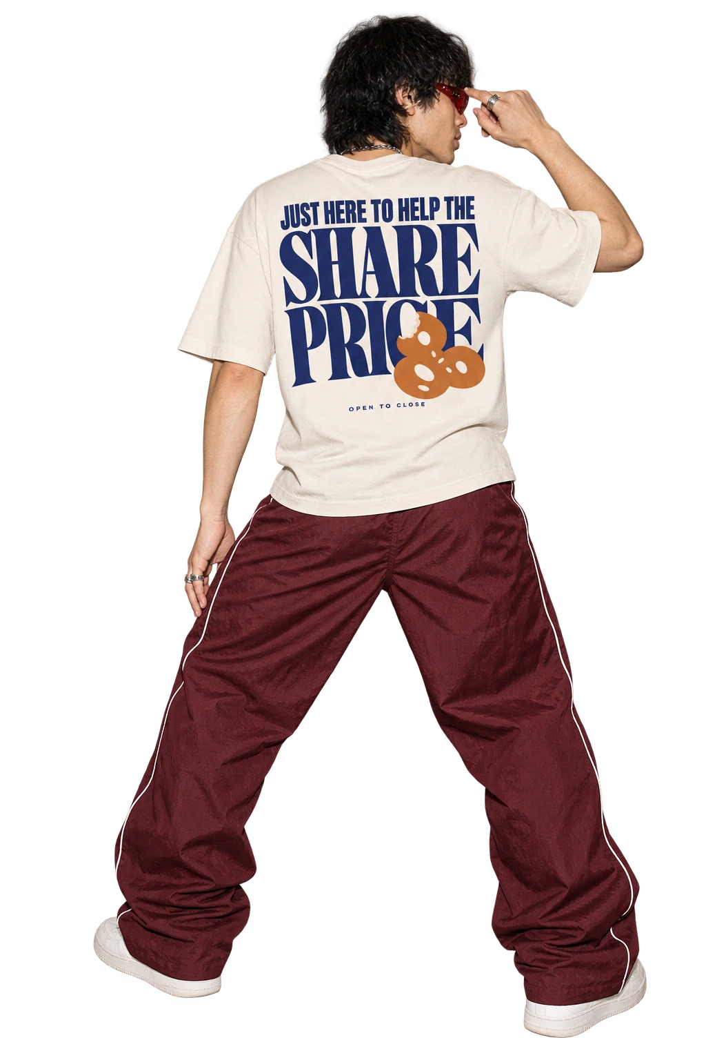 Share Price Boxy Tee worn by a model, back view, studio