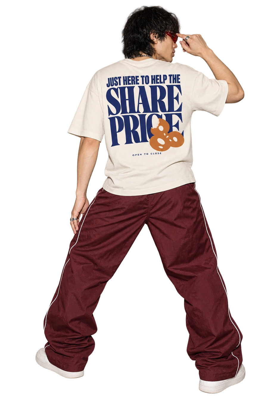 Share Price Boxy Tee worn by a model, back view, studio