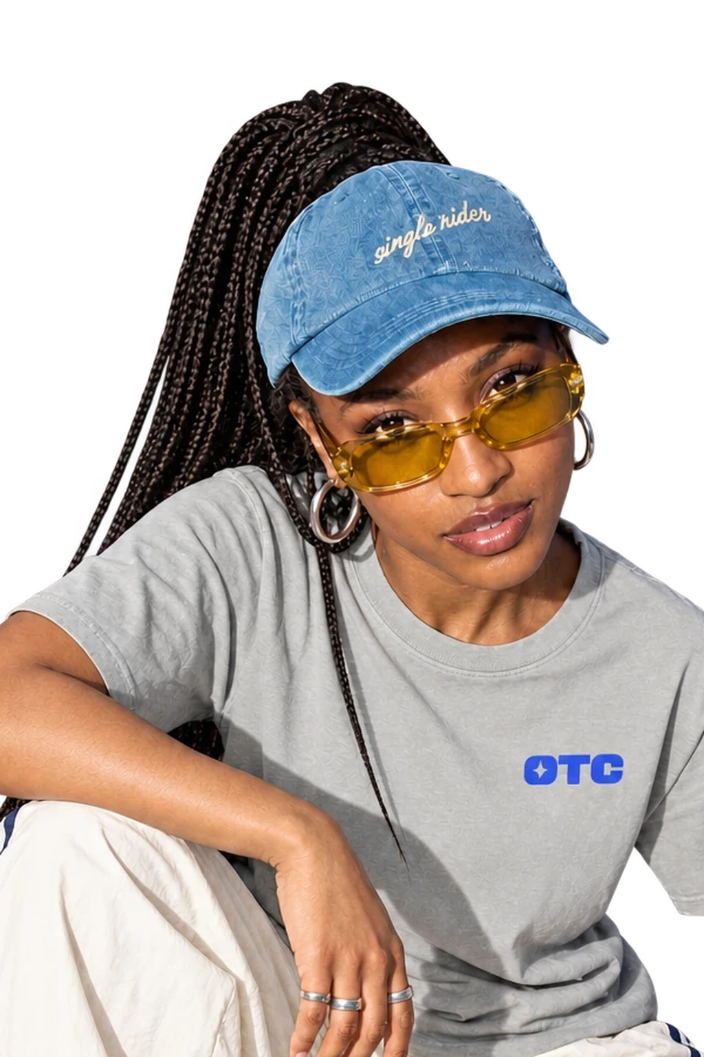 Single Rider Denim Cap in Blue worn by a model, close-up, studio