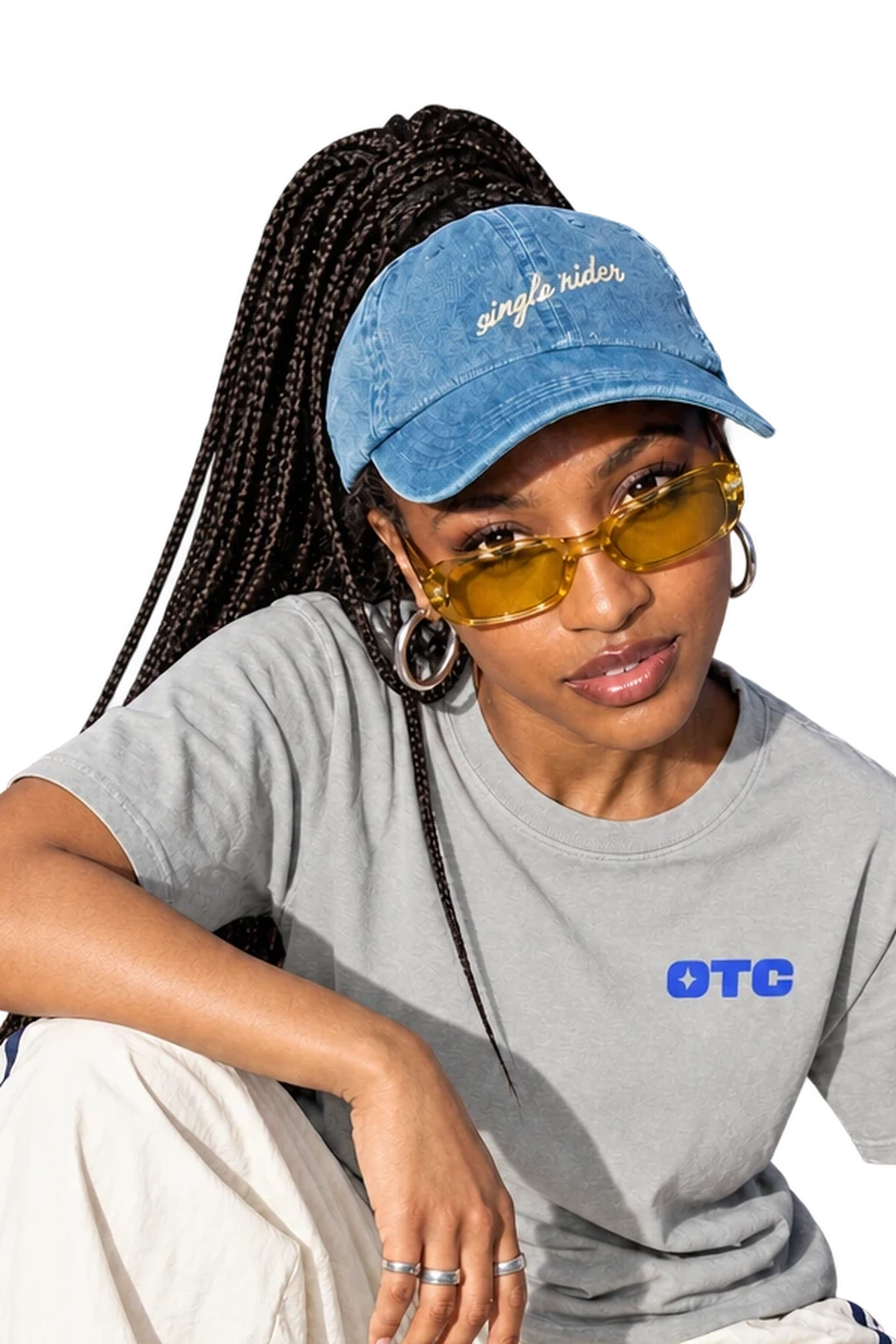 Single Rider Denim Cap in Blue worn by a model, close-up, studio
