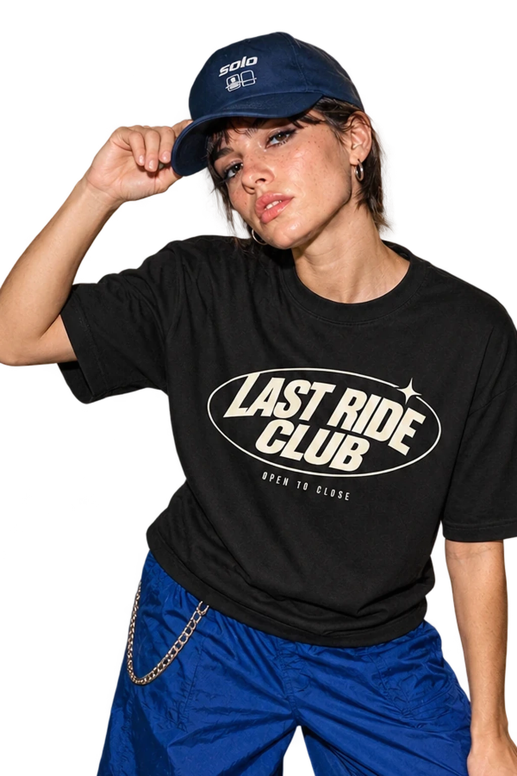 Solo Cap worn by a model, close-up, studio