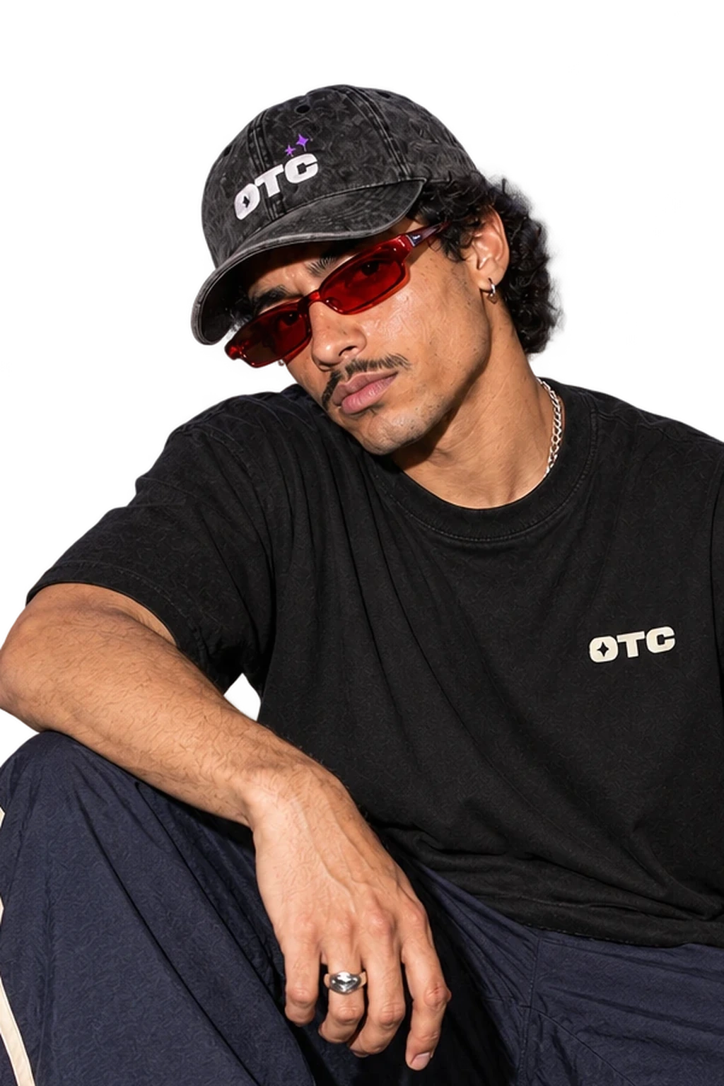 Starry Night Cap worn by a model, close-up, studio