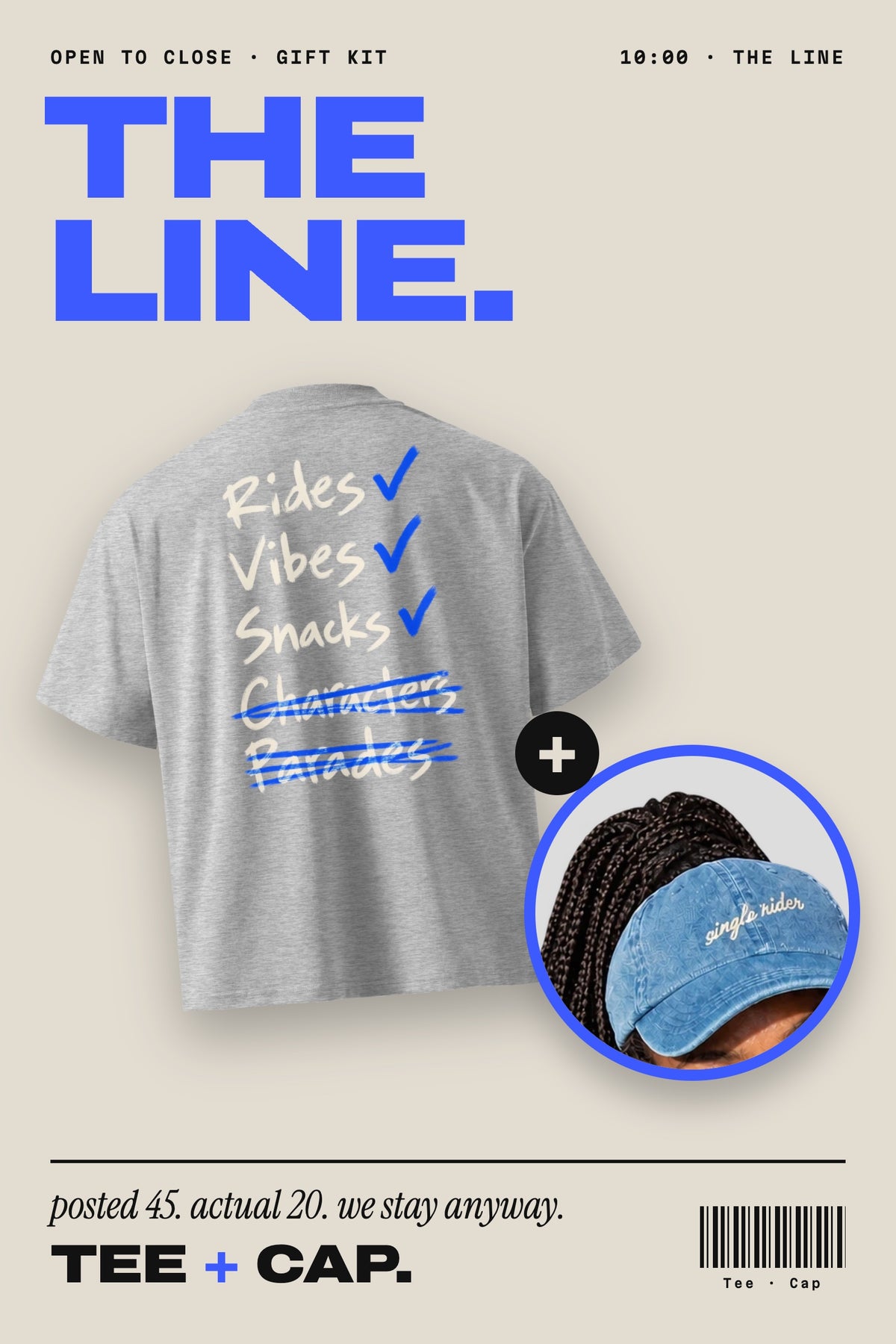 The Line Gift Kit: the Rides, Vibes & Snacks Oversized Tee plus the Single Rider Denim Cap, together as one gift
